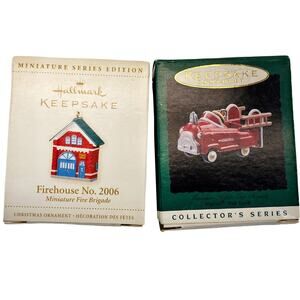 Hallmark Miniature Firehouse No 2006 Old Timey Fire Truck Christmas Ornaments